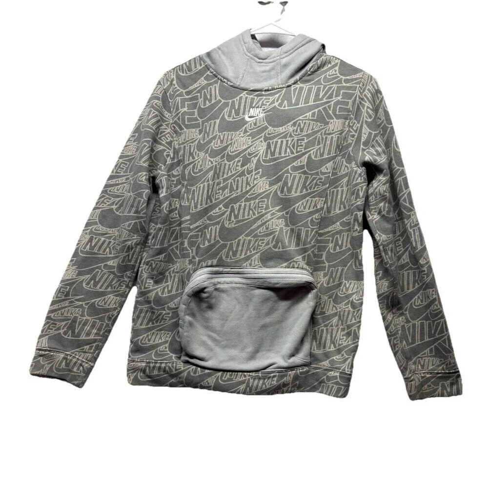 Nike Hoodie Boys XL Gray All Over Print AOP Zip Pocket Pullover Sweatshirt
